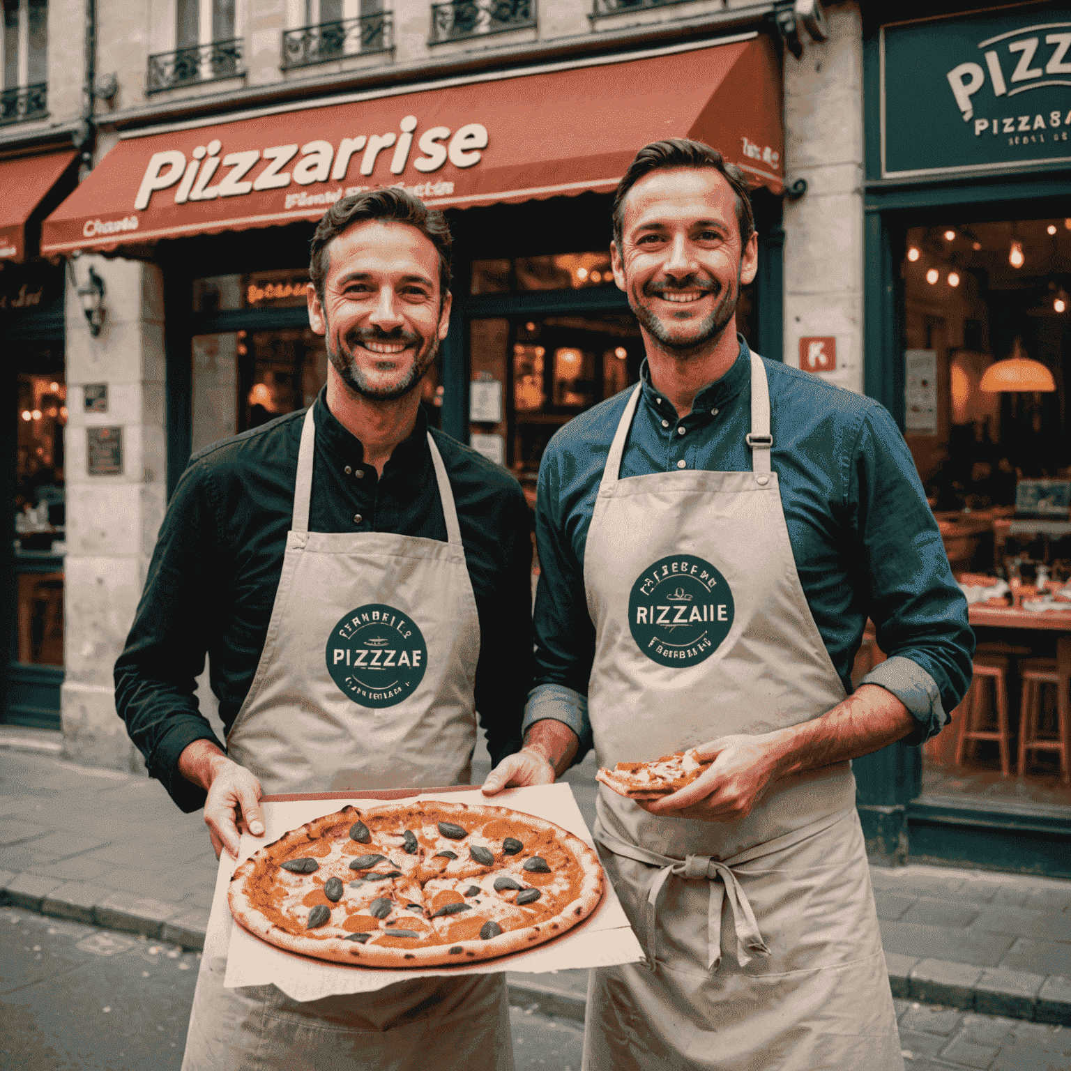 Image de l'équipe fondatrice de PizzaFranchise devant leur première pizzeria à Paris. Deux hommes souriants, l'un tenant une pizza fraîchement sortie du four, l'autre un tablier de chef avec le logo PizzaFranchise.