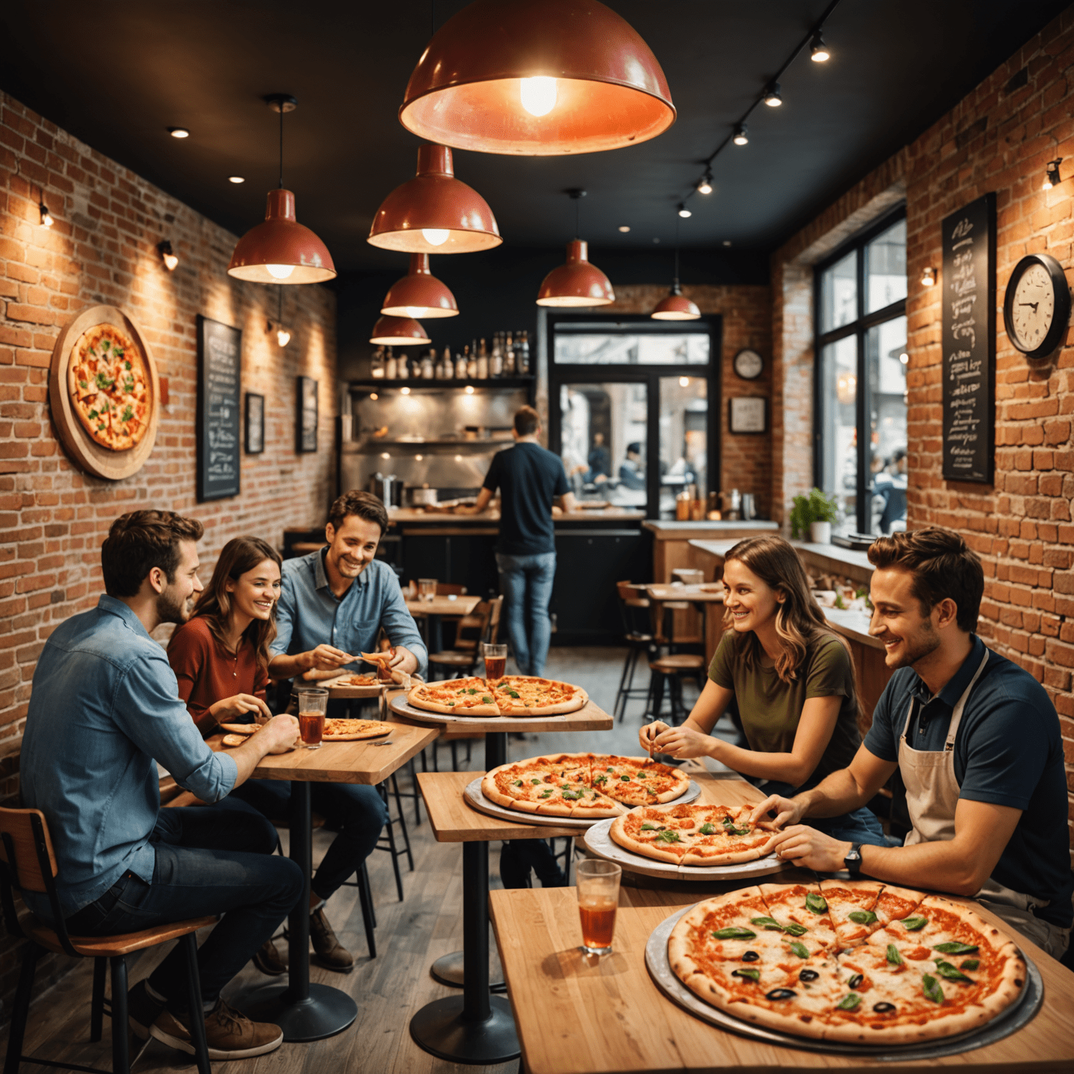 Image d'une pizzeria moderne et accueillante avec des clients satisfaits dégustant des pizzas