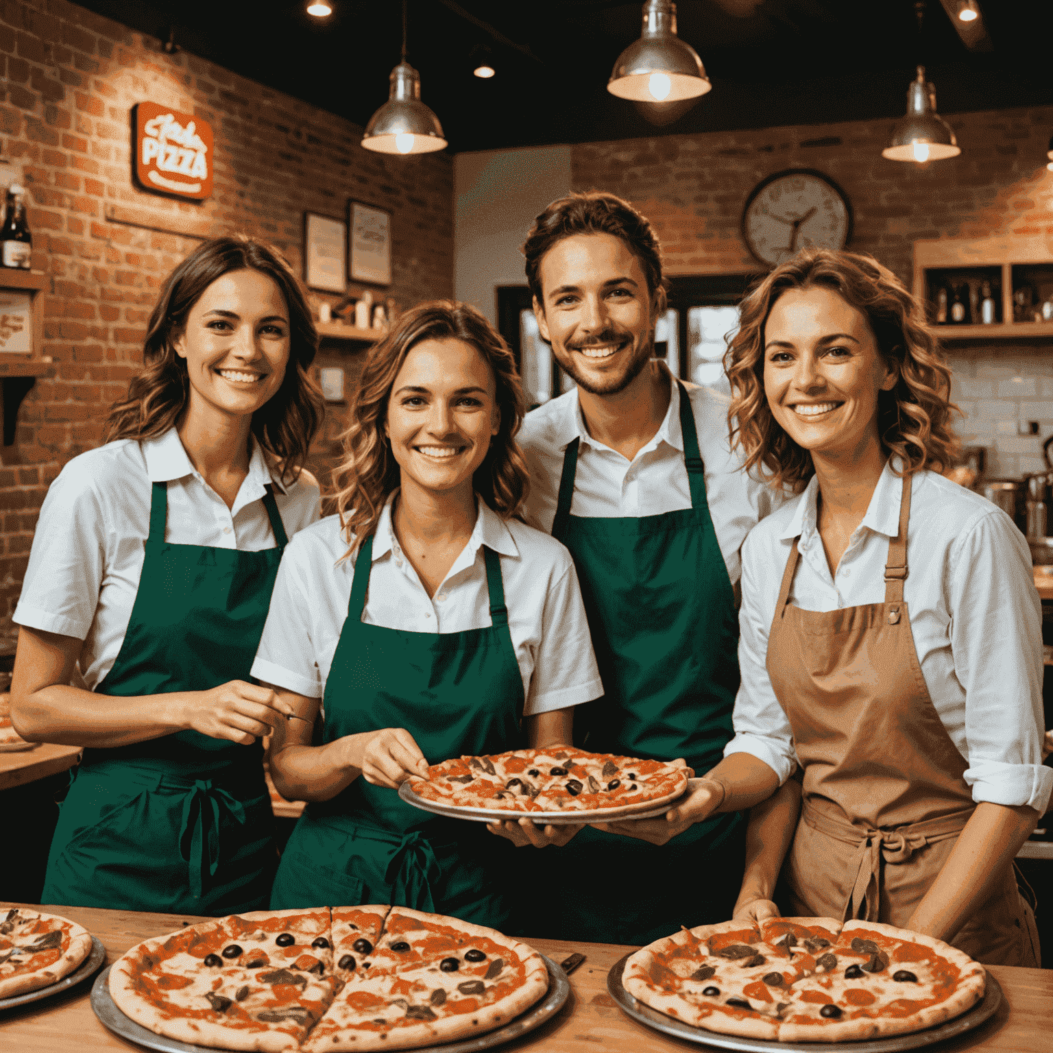 Une image montrant une franchise de pizza prospère avec des employés souriants et des clients satisfaits dégustant des pizzas