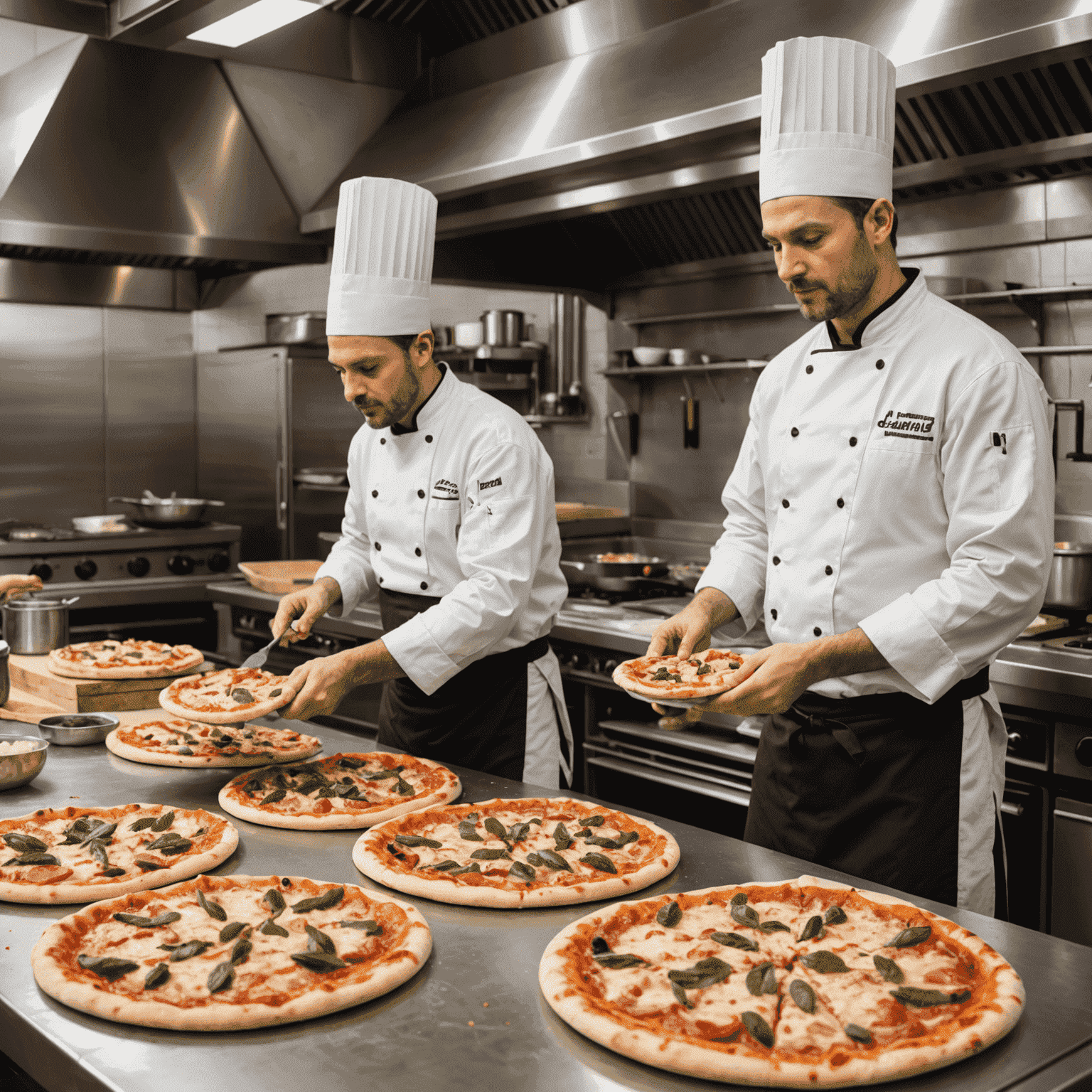 Une cuisine de pizzeria moderne avec des chefs préparant des pizzas fraîches, mettant en évidence l'efficacité et la qualité d'une franchise de pizza