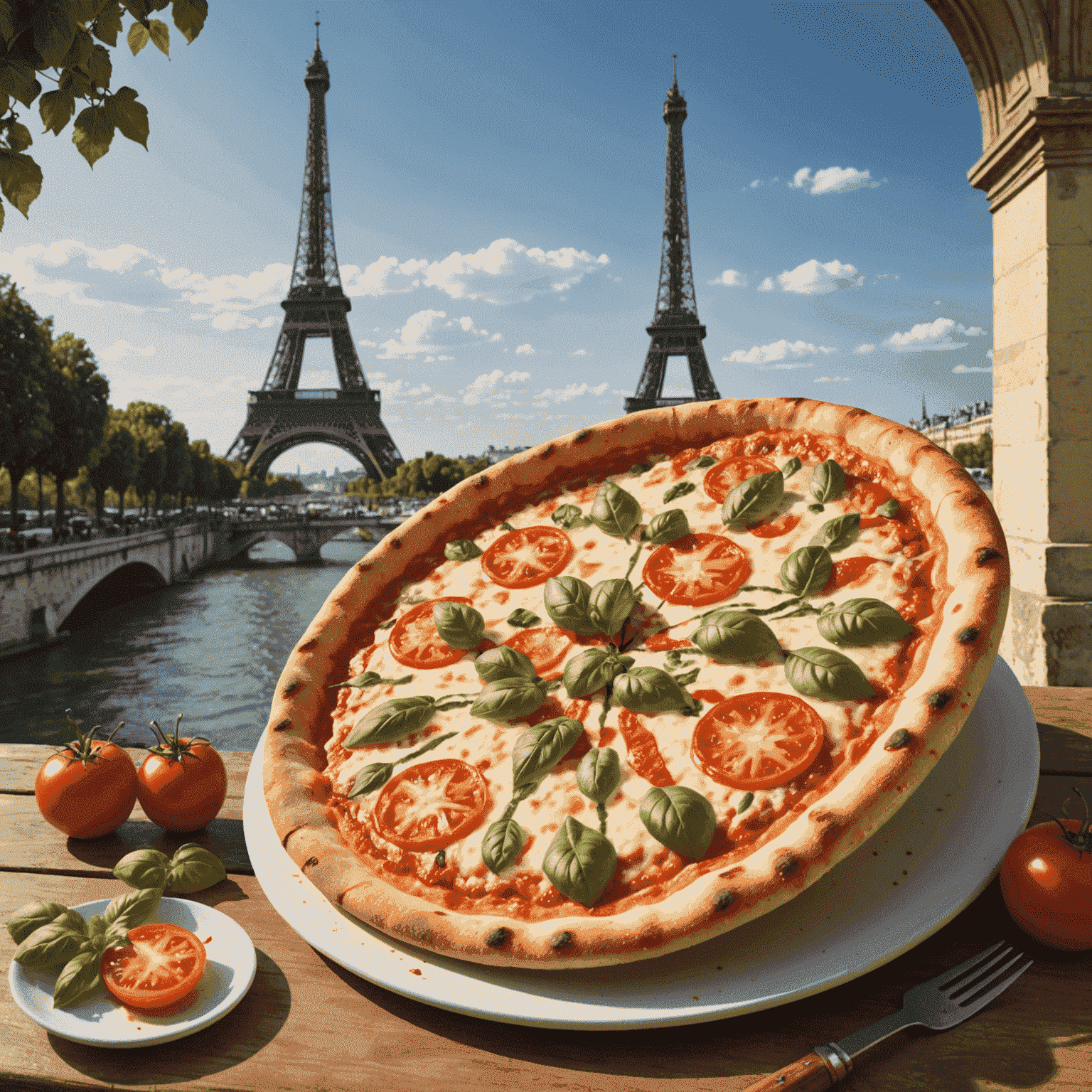 Une pizza margherita traditionnelle à côté de la tour Eiffel, symbolisant la fusion de la cuisine italienne et française