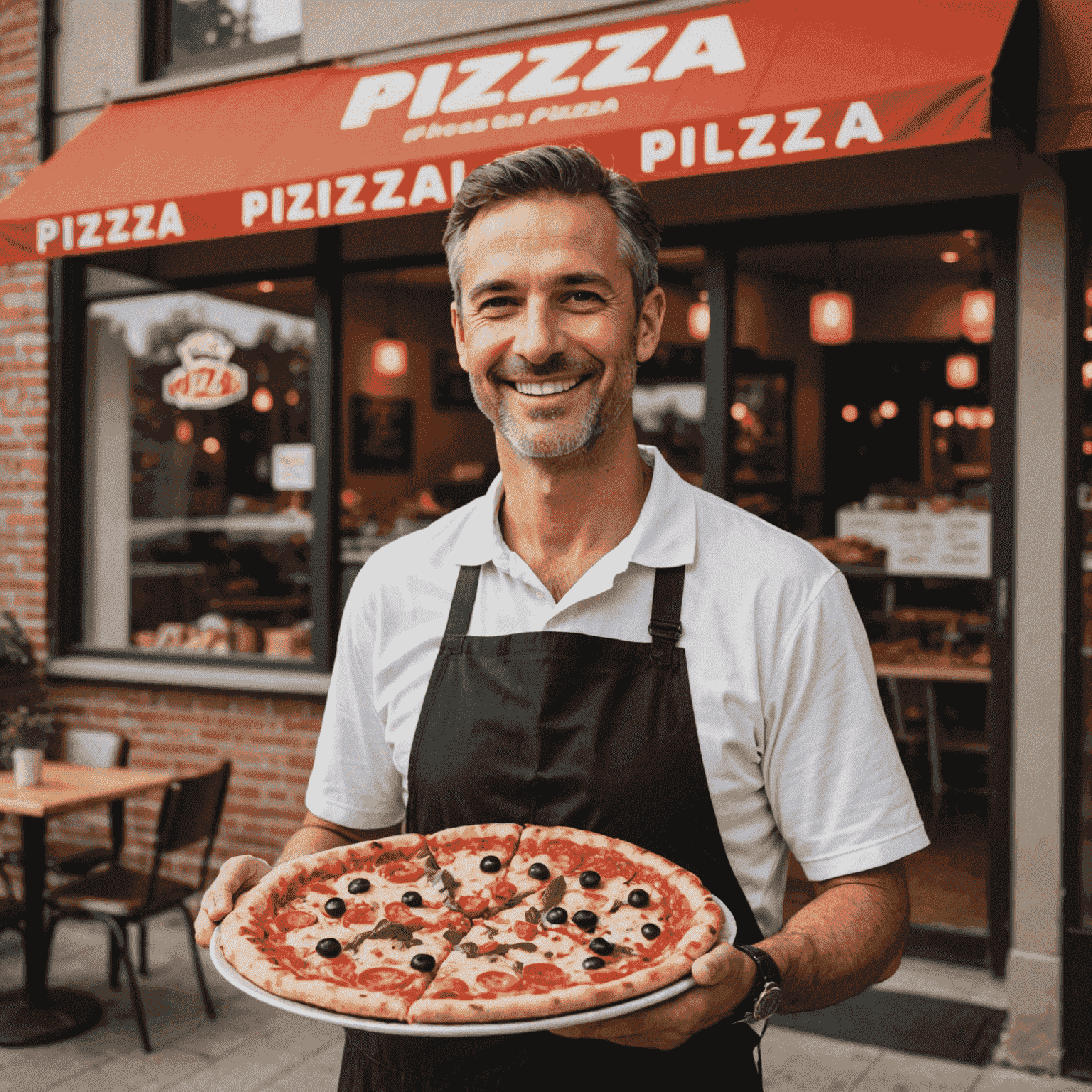 Un propriétaire de franchise de pizza souriant devant son restaurant, tenant une pizza fraîchement préparée