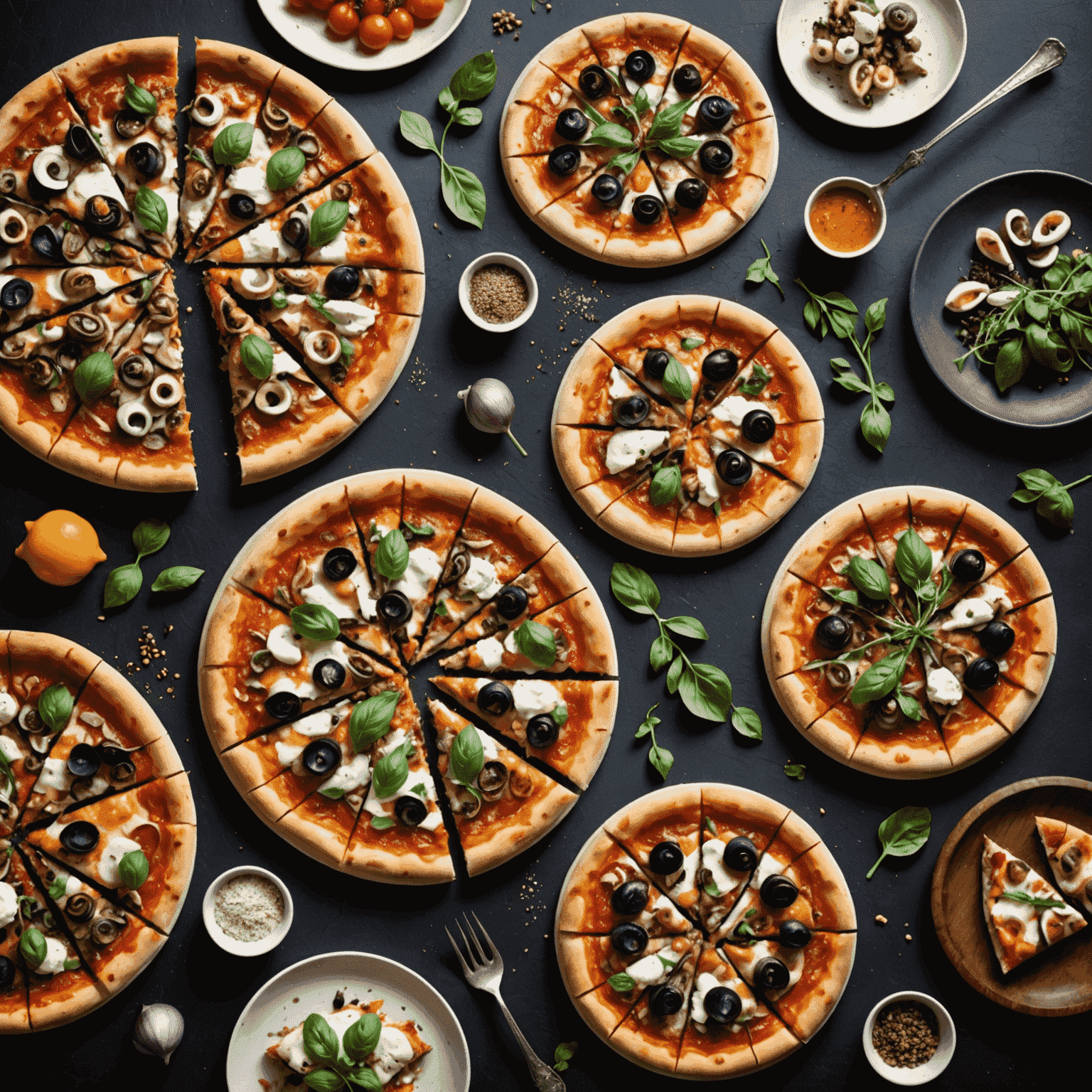 Une sélection de pizzas avec des garnitures innovantes typiquement françaises, comme du fromage de chèvre, des escargots, du confit de canard et des herbes de Provence