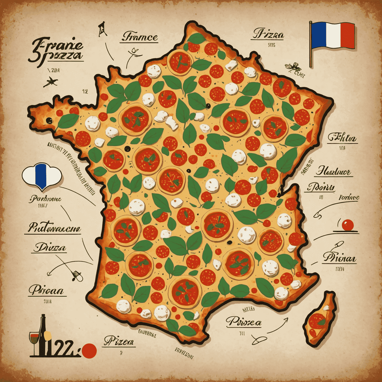 Une carte de France avec des icônes de pizza marquant différentes villes, symbolisant l'expansion d'une franchise de pizza