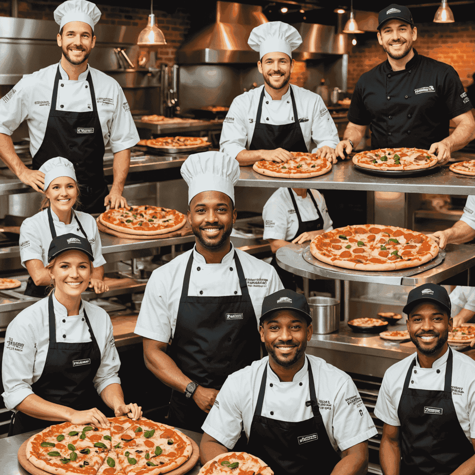 Collage de l'équipe PizzaFranchise montrant la diversité des employés. On y voit des chefs en tenue, des managers souriants, et du personnel de support technique, tous travaillant dans un environnement de pizzeria moderne.