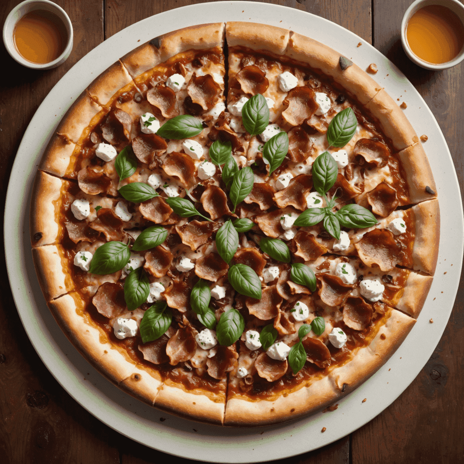 Une pizza gourmet française avec du fromage de chèvre, des lardons et du miel, servie dans un restaurant chic parisien