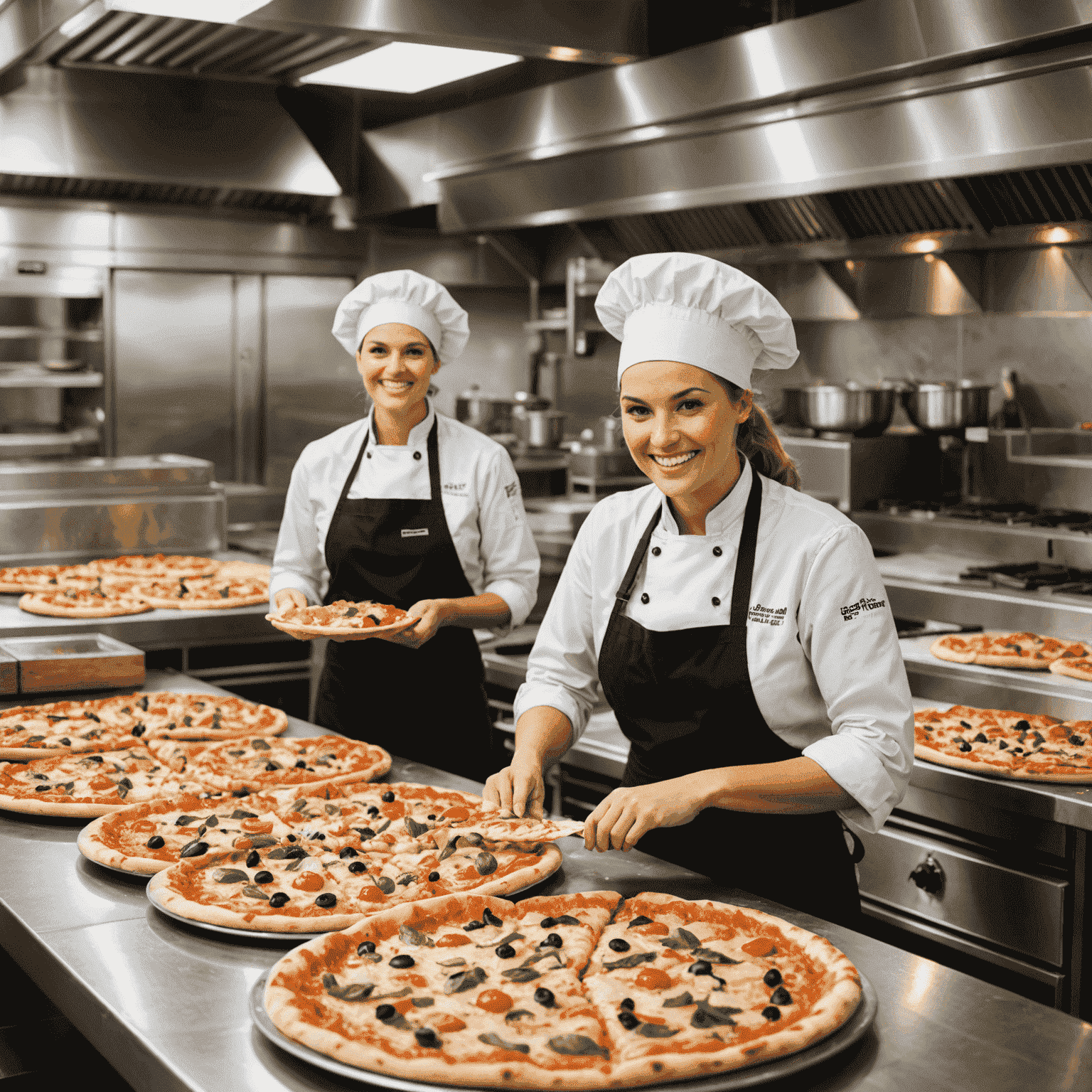 Une image montrant une variété de pizzas fraîchement préparées dans une cuisine de franchise de pizza moderne et propre, avec des employés souriants en arrière-plan.