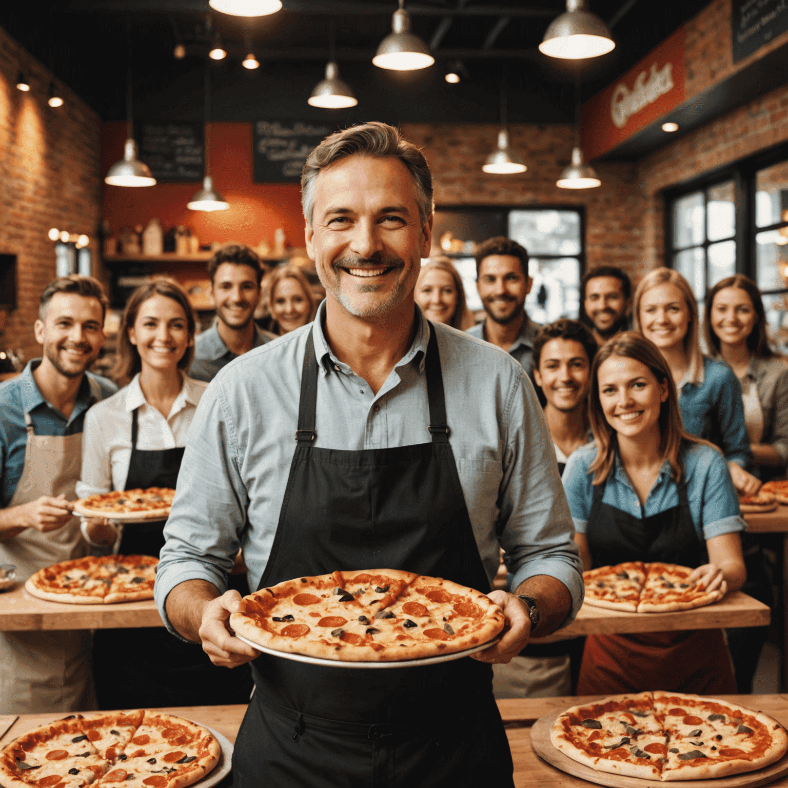 Une image montrant un propriétaire de franchise de pizza réussi dans sa pizzeria, entouré d'employés et de clients heureux