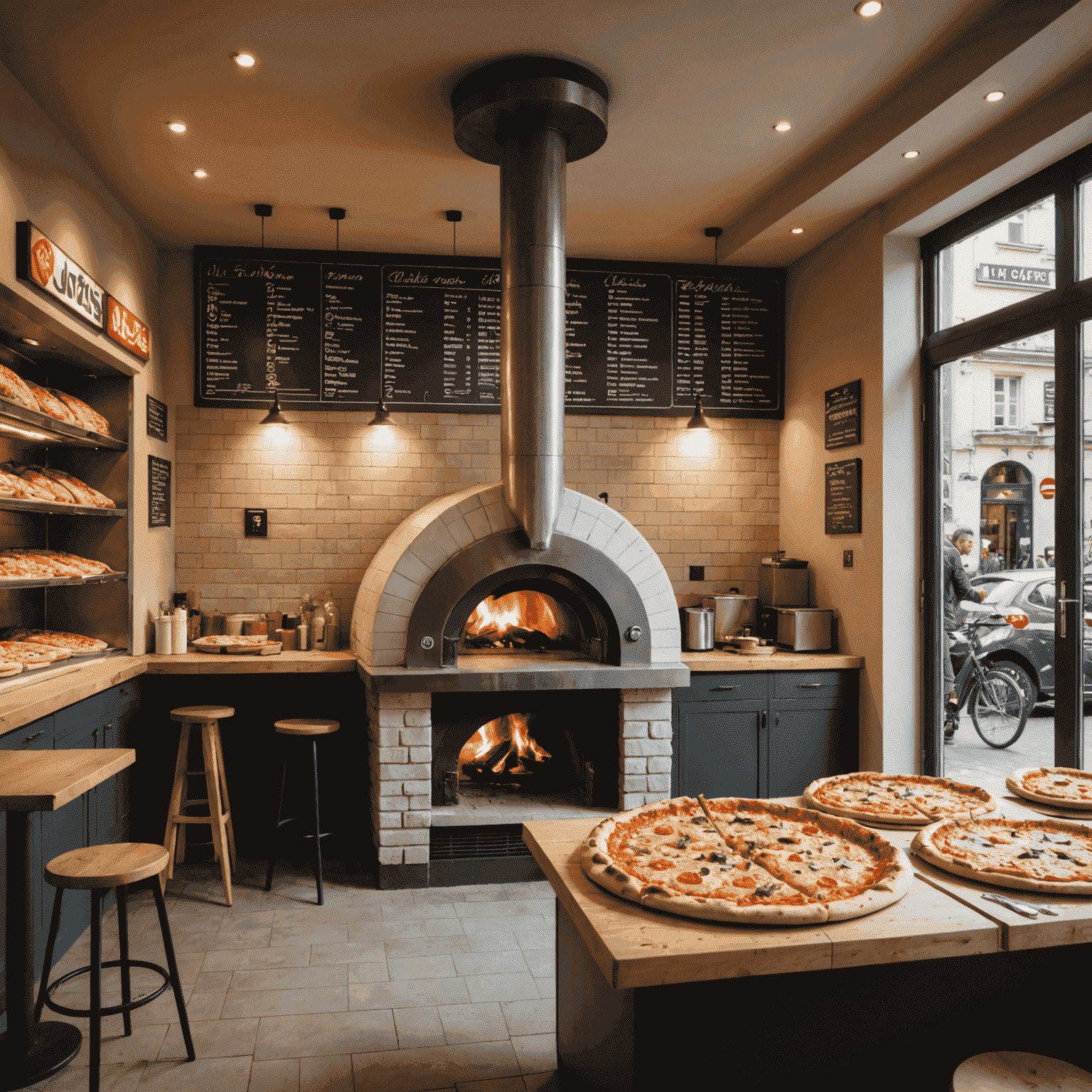 Un intérieur moderne d'une franchise de pizza en France, montrant un four à pizza traditionnel et des clients dégustant diverses pizzas