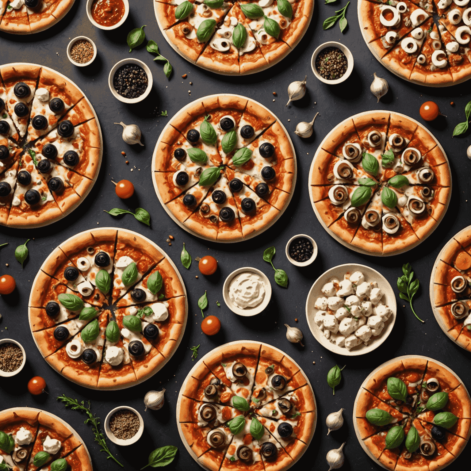 Une image présentant des pizzas avec des garnitures innovantes et typiquement françaises, comme du fromage de chèvre, des escargots ou du confit de canard