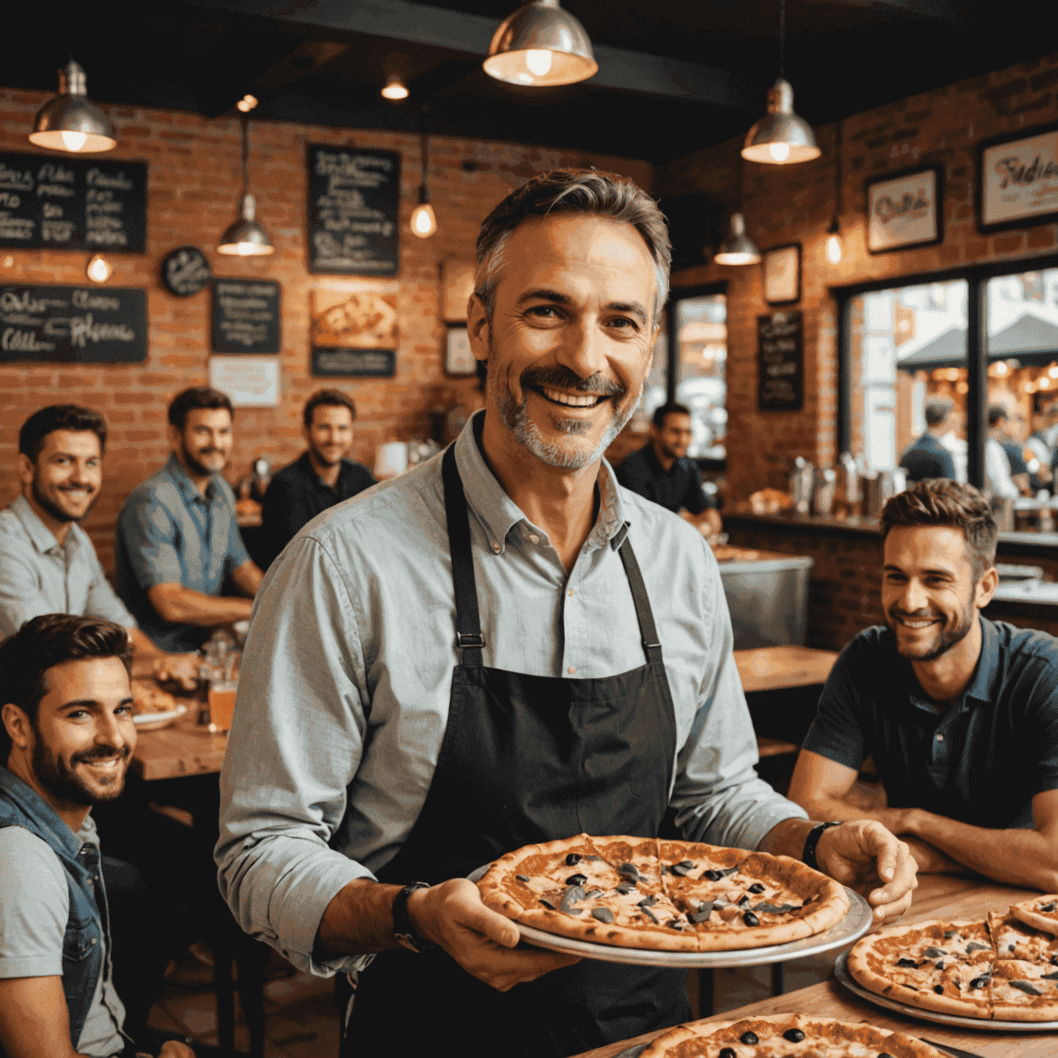 Une image montrant un propriétaire de franchise de pizza réussi dans son restaurant, interagissant avec son équipe et des clients satisfaits.