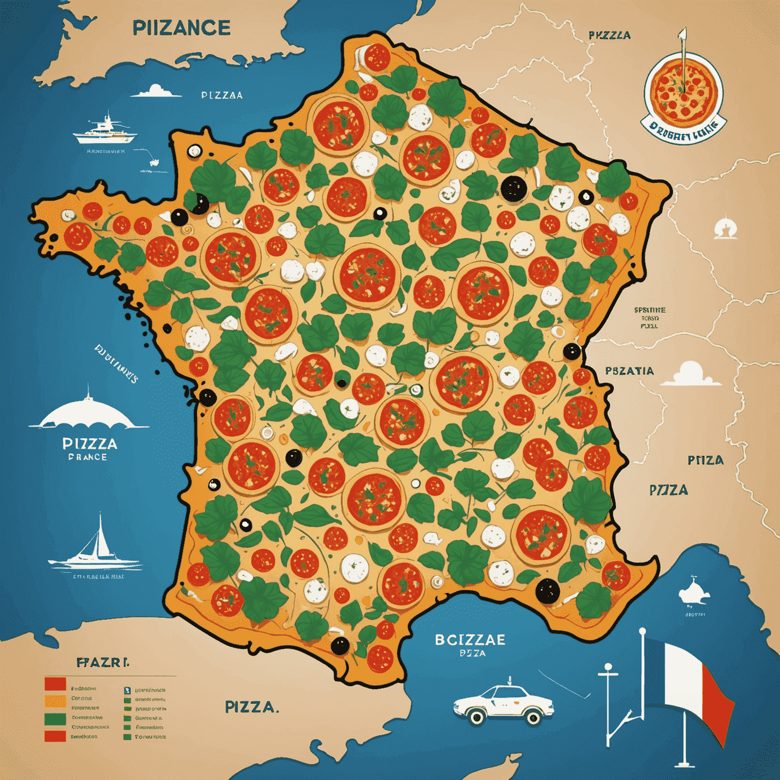 Une carte de France montrant l'expansion d'une franchise de pizza avec des icônes de pizza marquant différentes villes